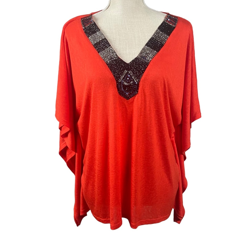 Soft Surroundings Red Beaded V-Neck Poncho Tunic Top- Size S/M